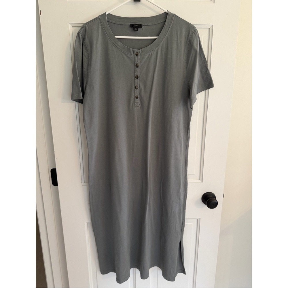 J.Crew Green Gray Cotton Henley Midi T-Shirt Dress Side Slit XL